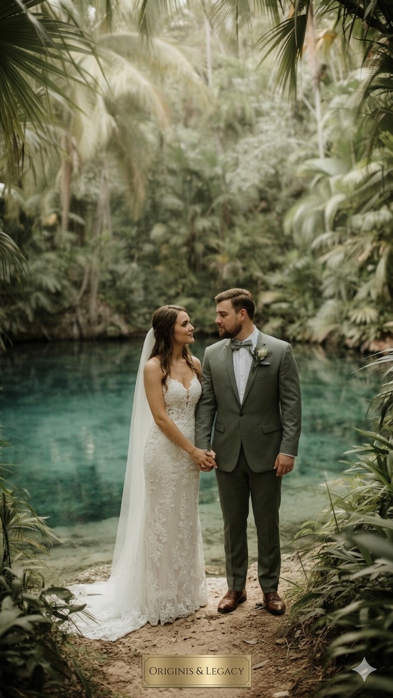 Novios en cenote de Riviera Maya